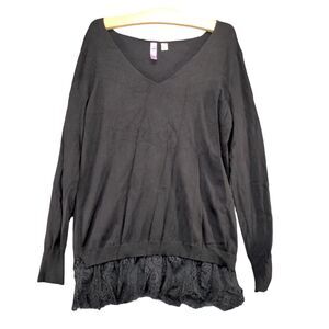 Alya Women's Tunic Sweater Black Large Long Sleeve Lace Hem Rayon V-Neck